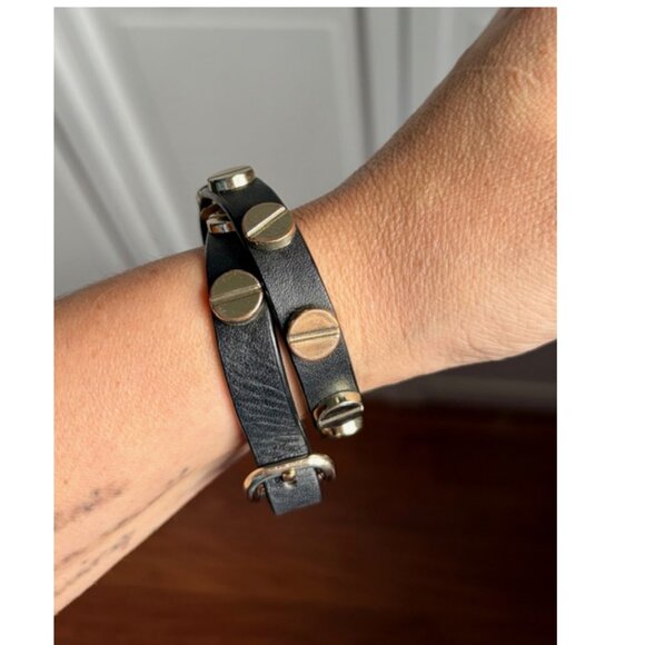 Faux Leather Black Bracelet with Gold tone Screw details and Buckle Closure - Picture 3 of 7